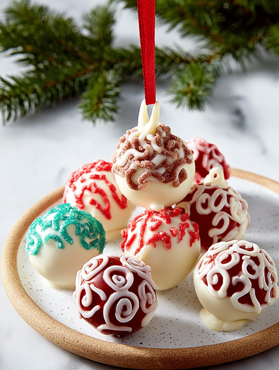 A plate of cake balls with red and white icing.