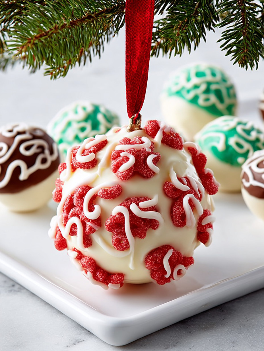 A plate of cake balls with a red ribbon.