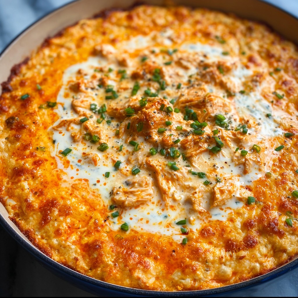 A bowl of rotisserie buffalo chicken dip with ranch.