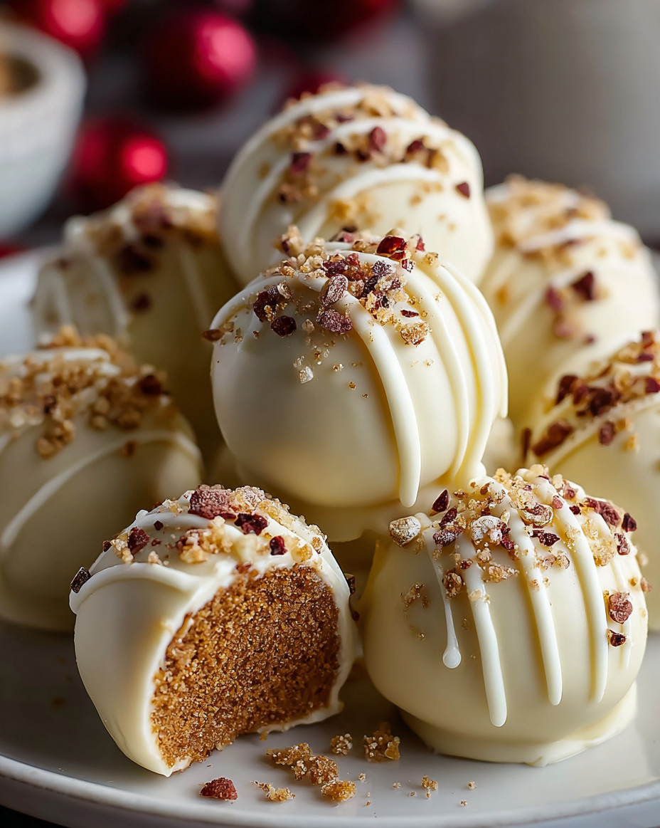 A plate of white chocolate truffles with a gingerbread flavor.