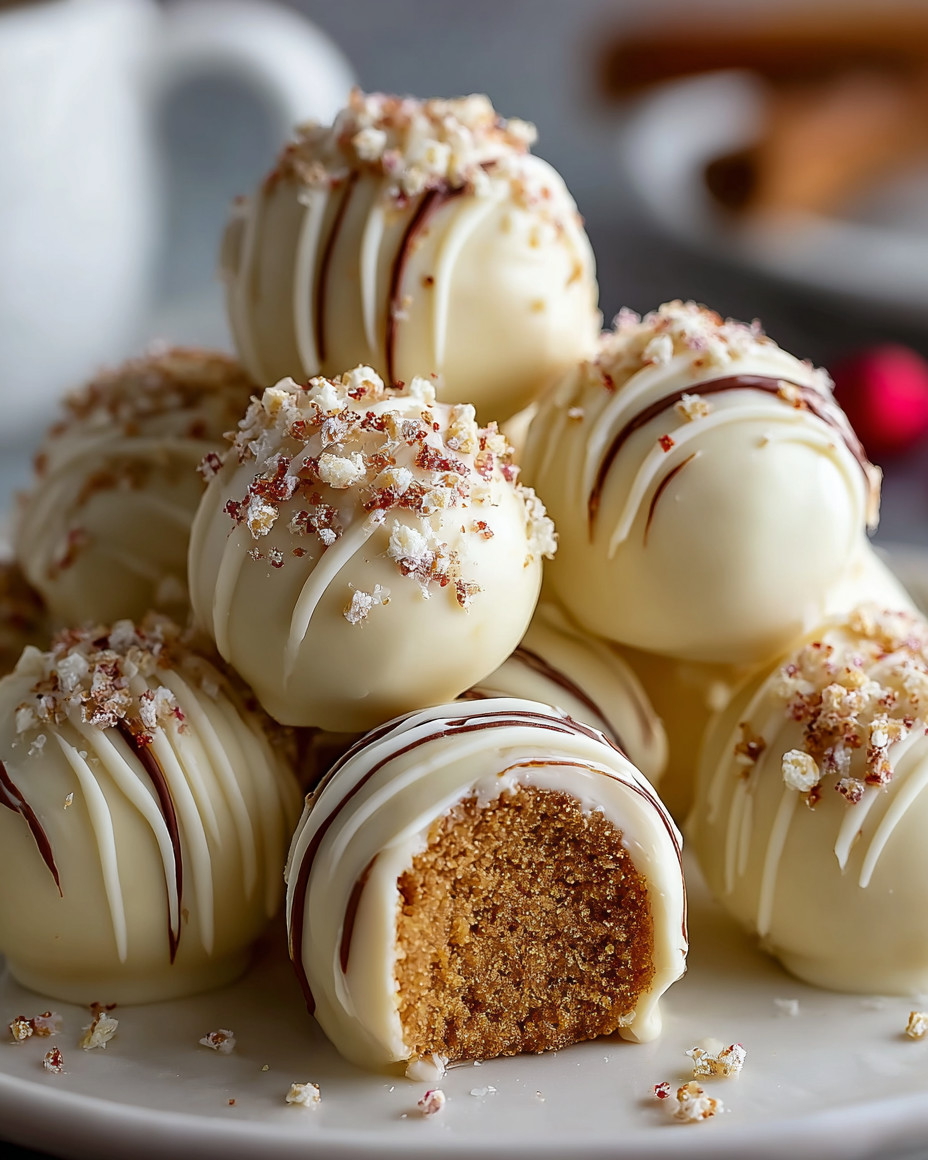 A stack of white chocolate truffles with a caramel center.