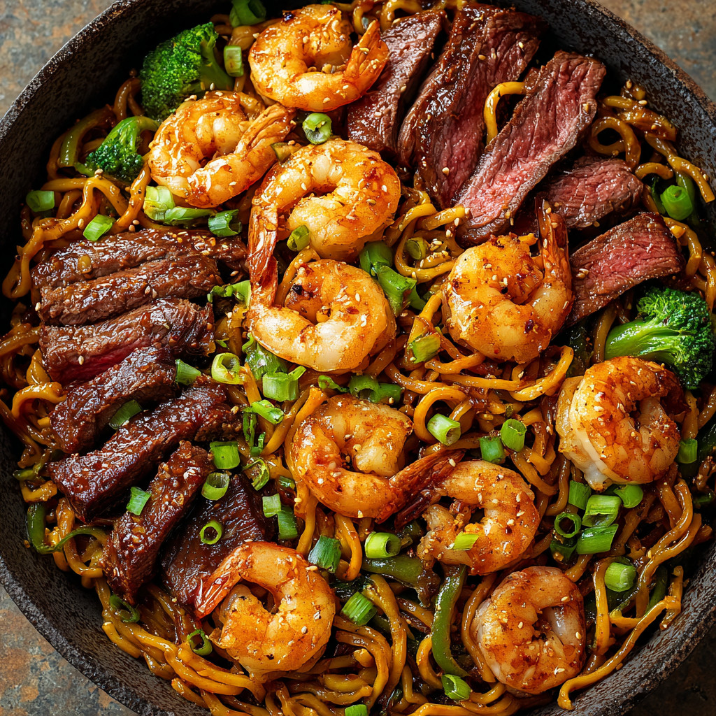 A bowl of steak and shrimp teriyaki noodles.
