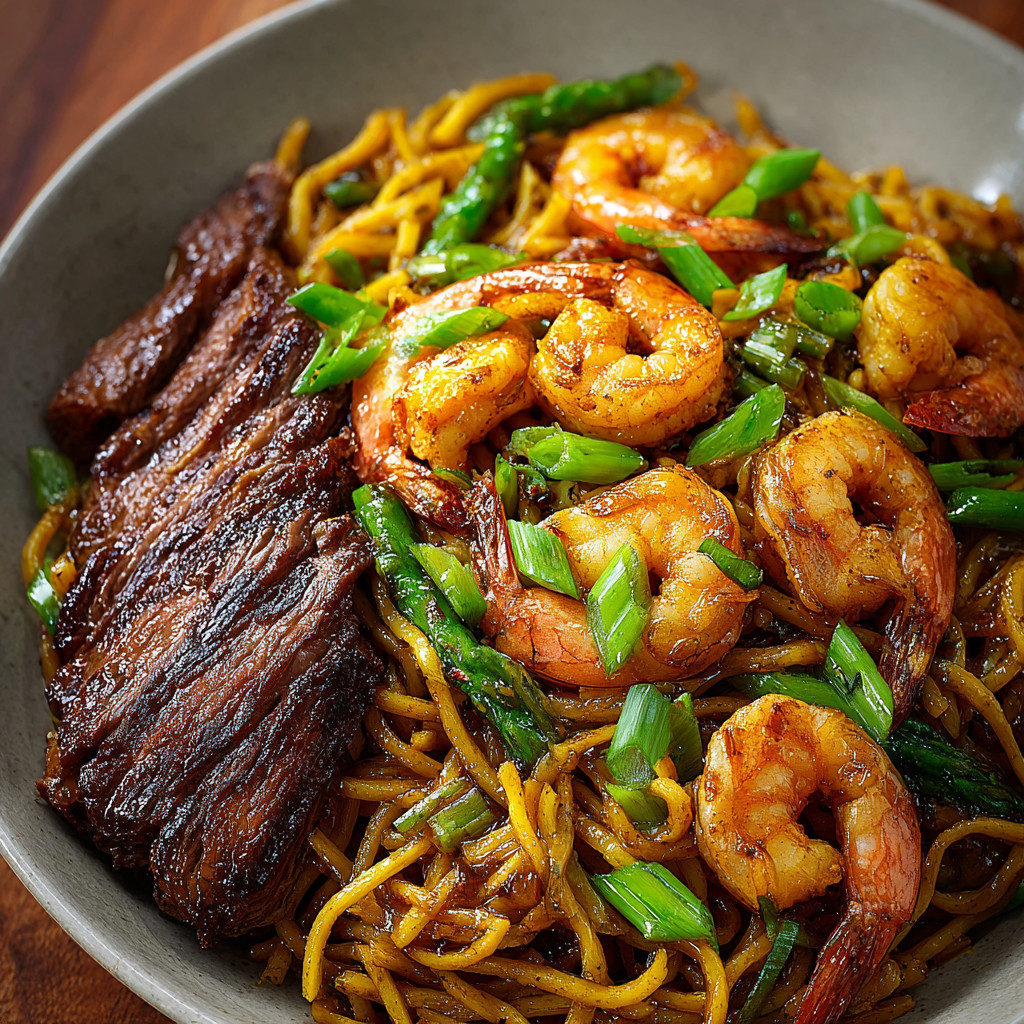 A bowl of steak and shrimp teriyaki noodles.