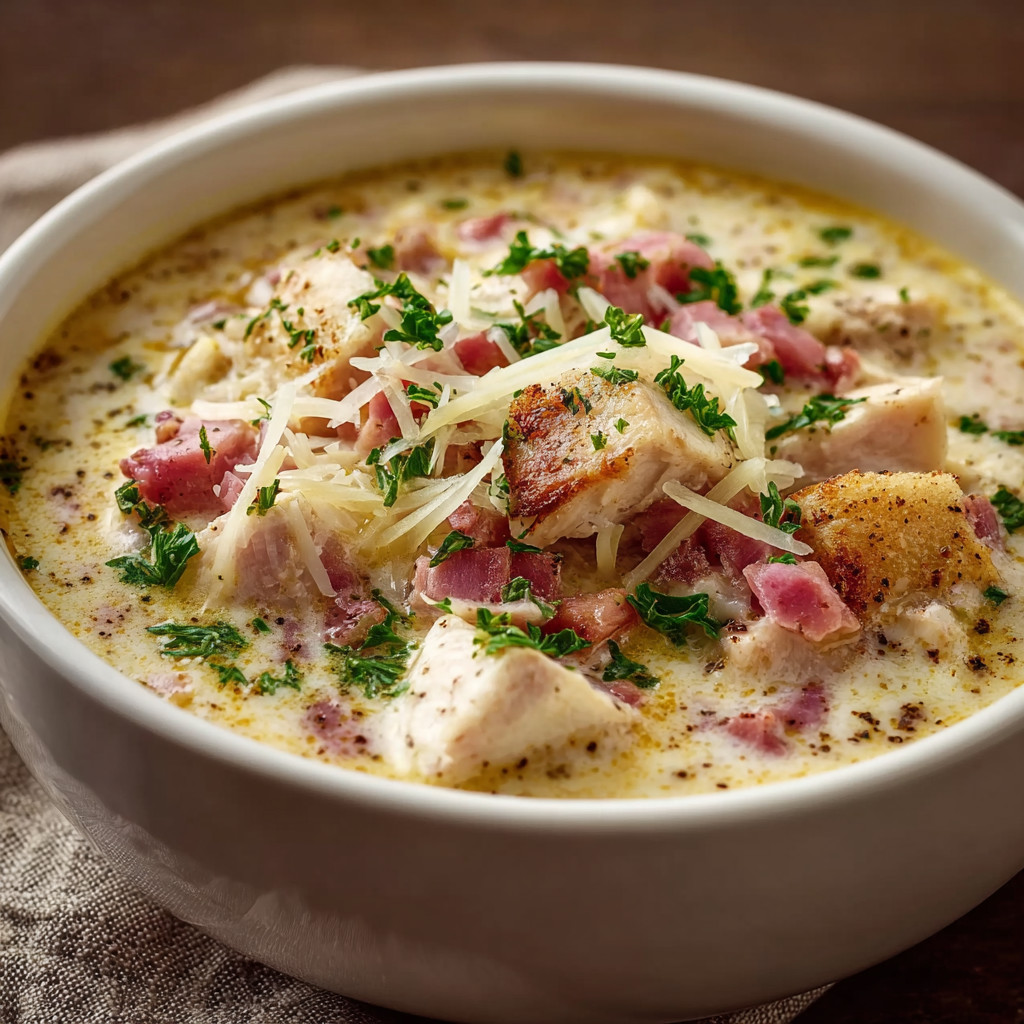 A bowl of chicken cordon bleu soup.