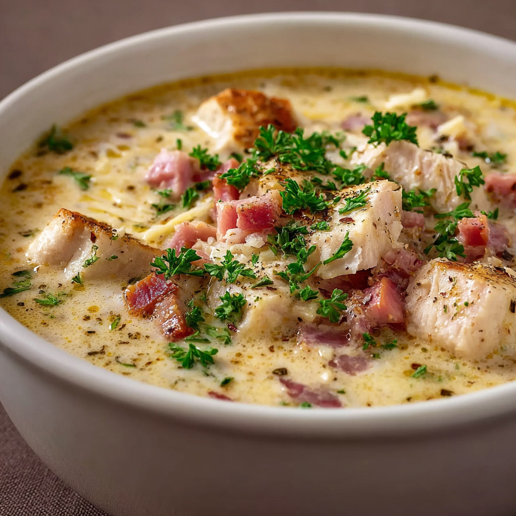 A bowl of chicken cordon bleu soup.
