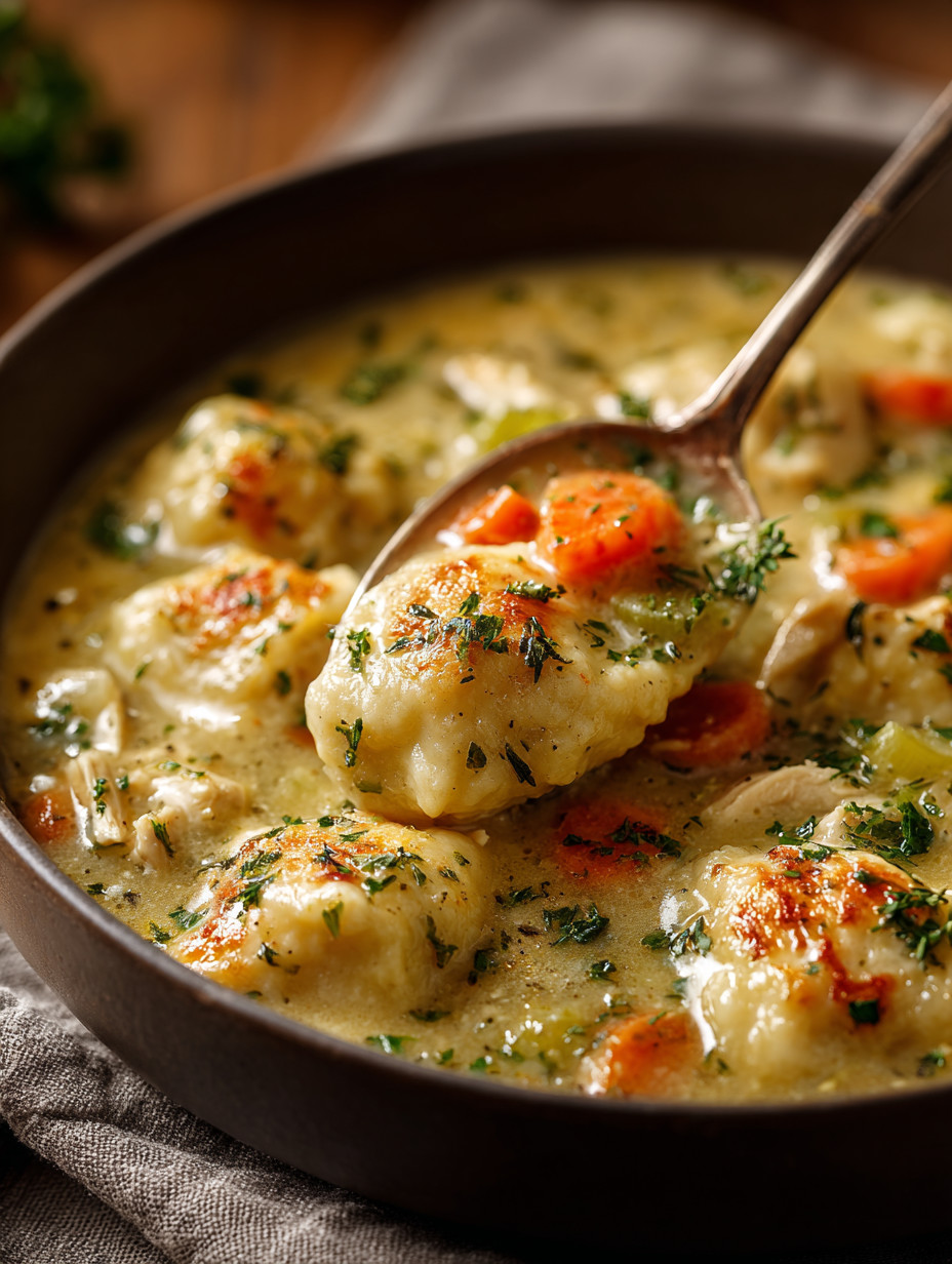 A bowl of chicken and dumplings.