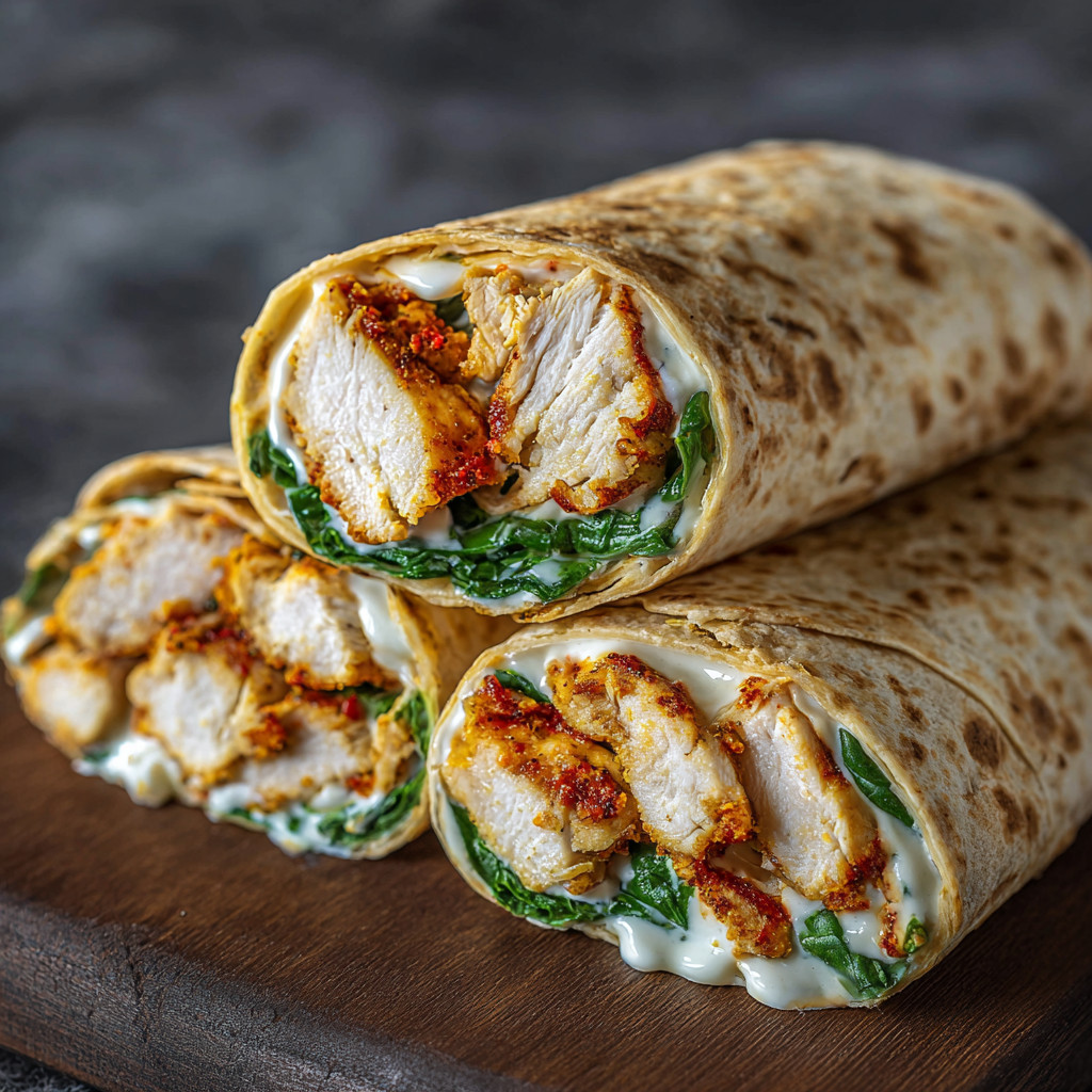 A wrap with chicken and cheese on a wooden table.