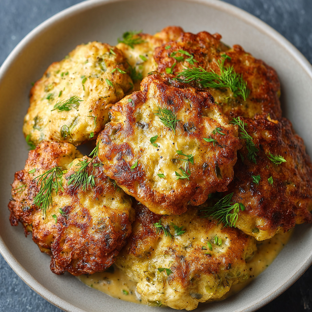 A bowl of dill pickle chicken fritters.