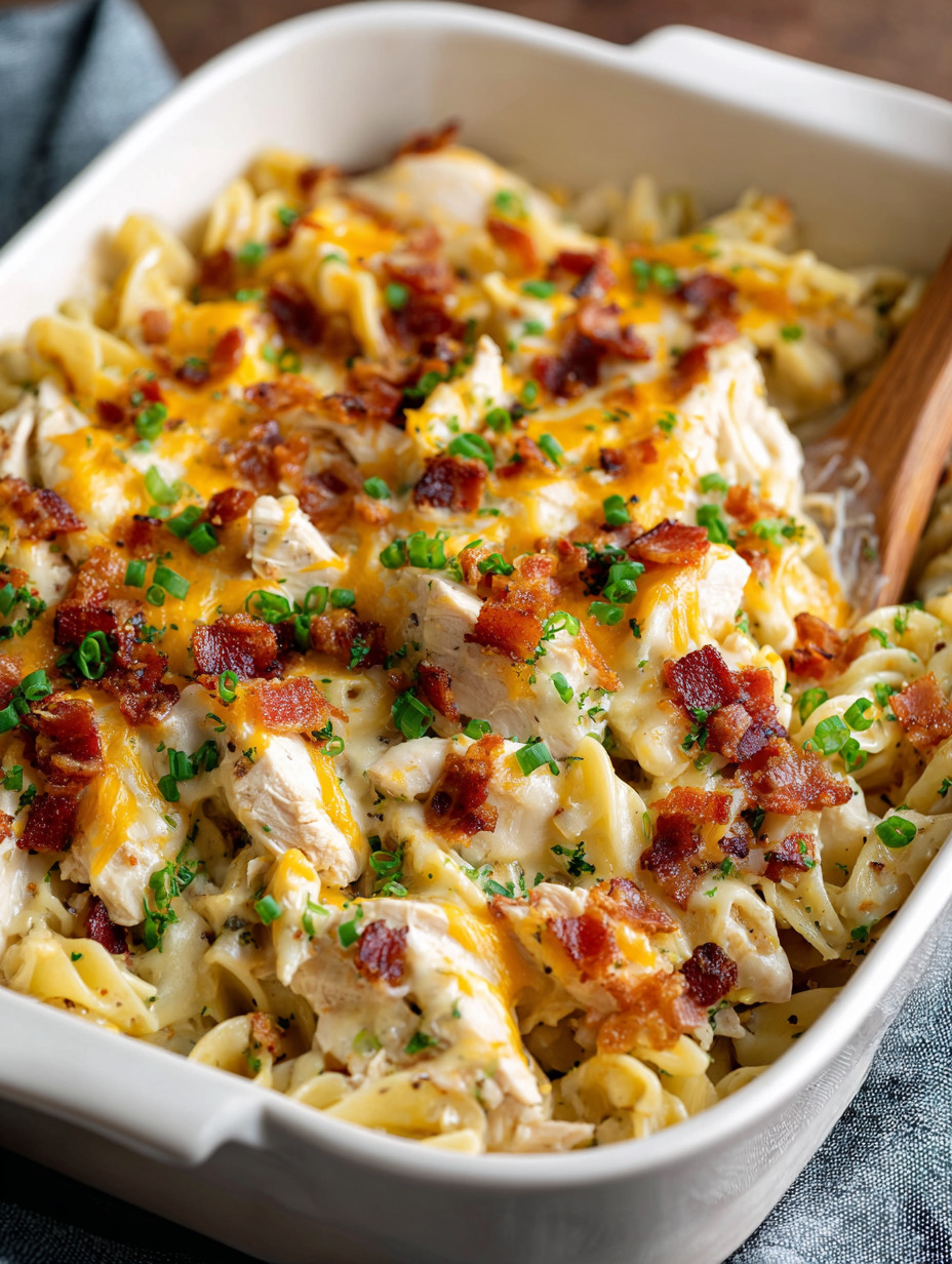 A delicious casserole with bacon, cheese, and chicken.