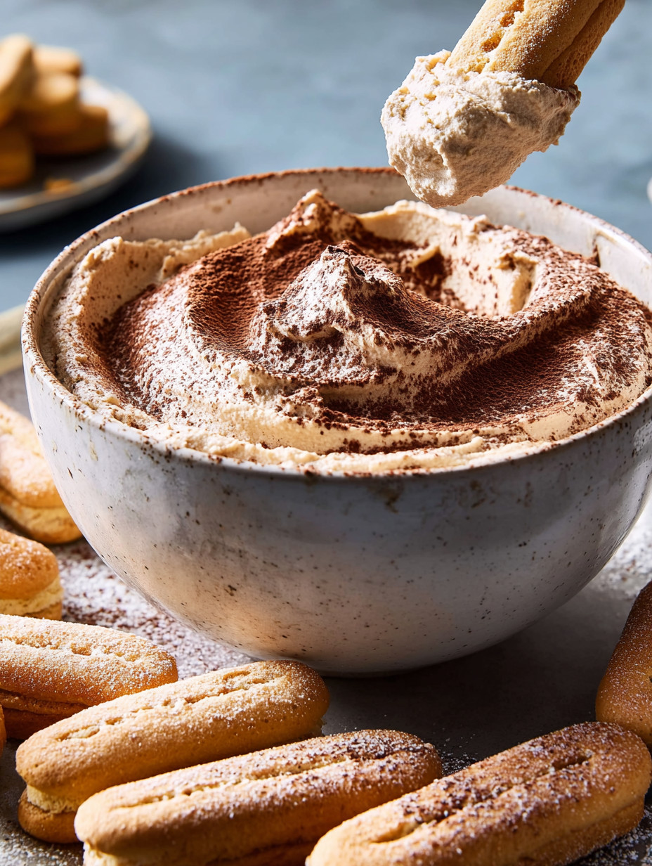 A bowl of Tiramisu dip with a spoon in it.