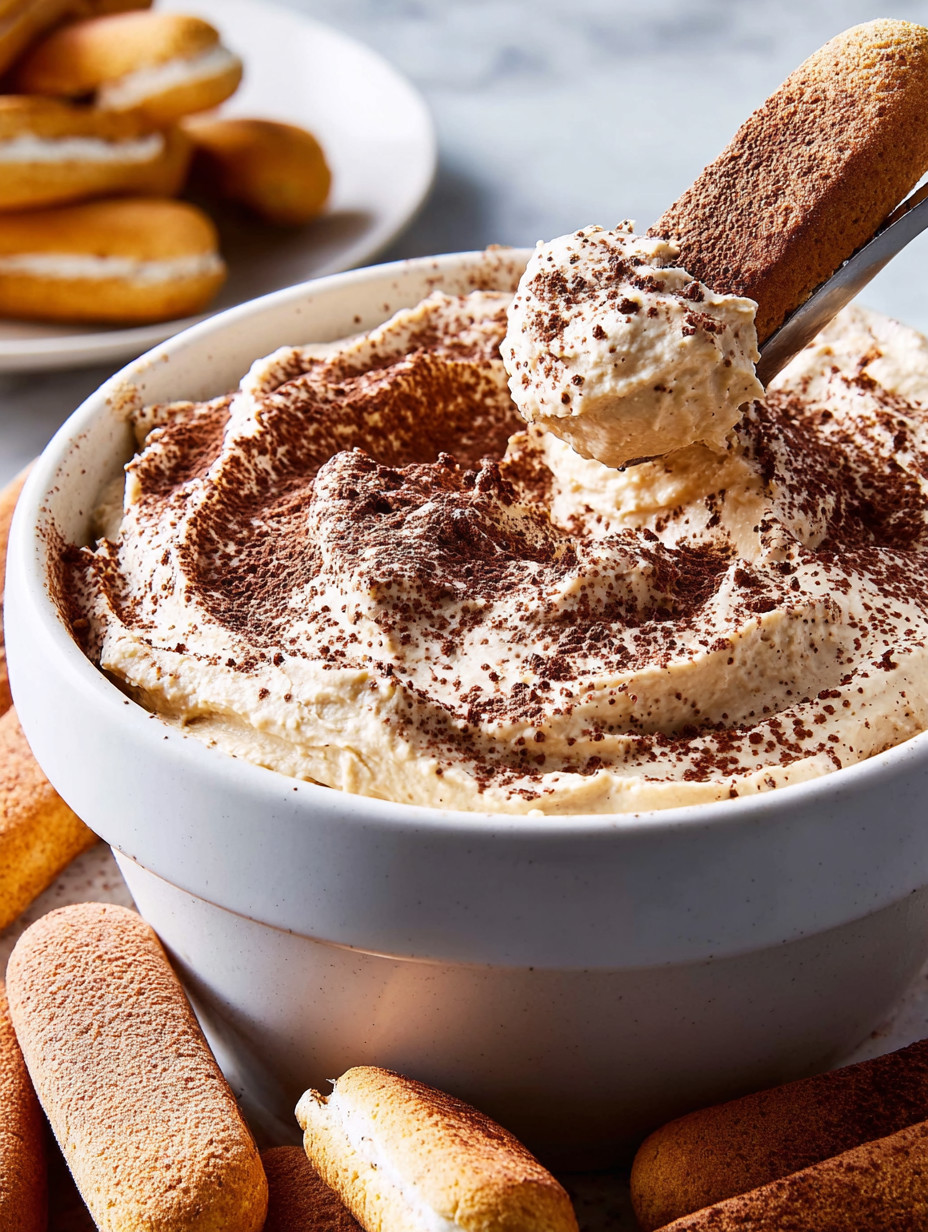 A bowl of Tiramisu dip with a spoon in it.