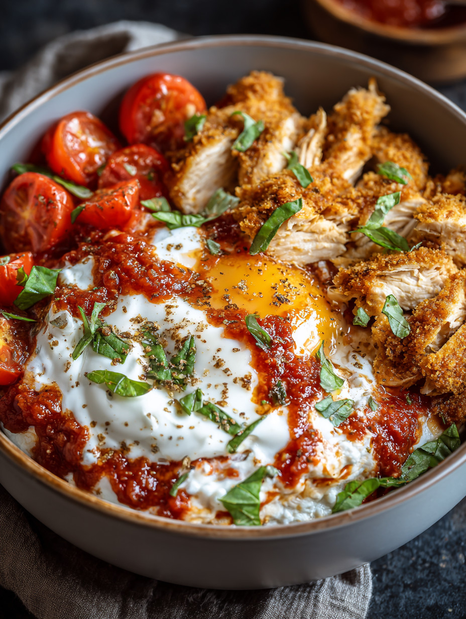 A bowl of food with chicken, tomatoes, and cheese.