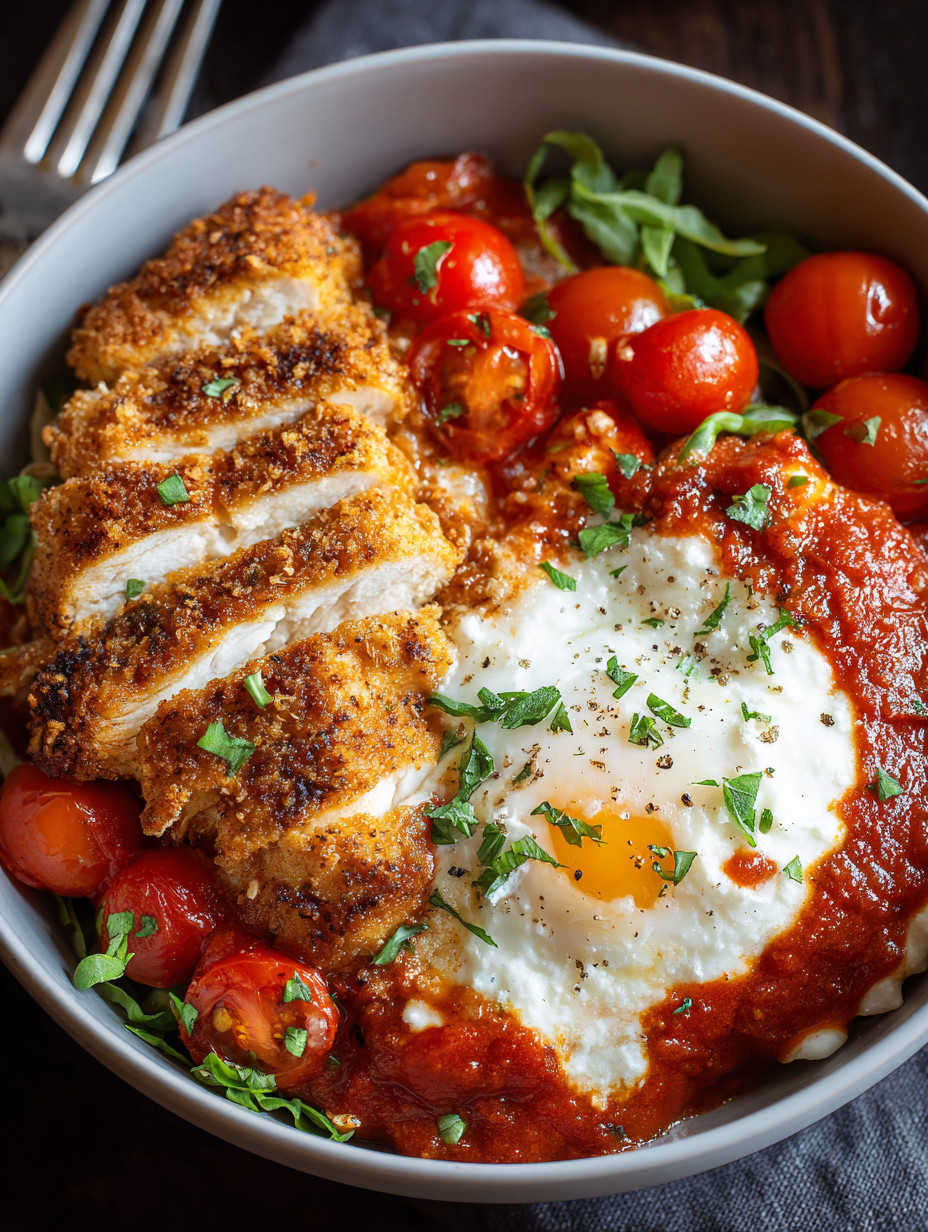A bowl of food with chicken, tomatoes, and cottage cheese.