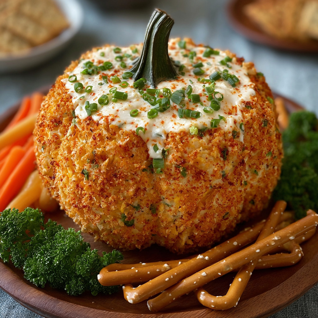 A pumpkin shaped cheese ball with a green stem.
