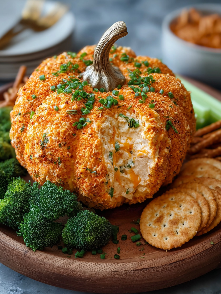 A pumpkin shaped cheese ball with a spoon in it.