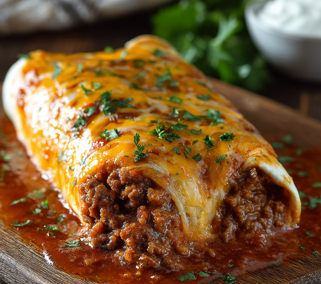 A burrito with sauce on a wooden platter.