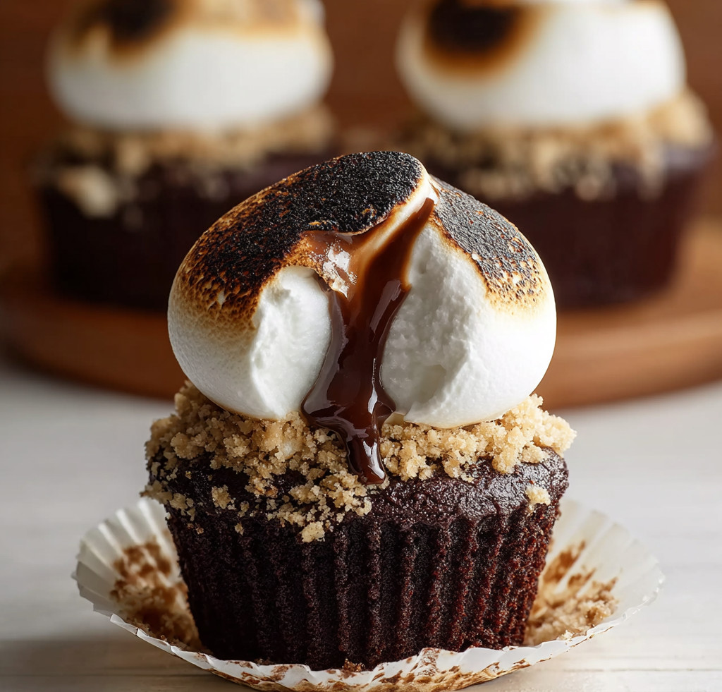 A cupcake with a marshmallow and chocolate on top.