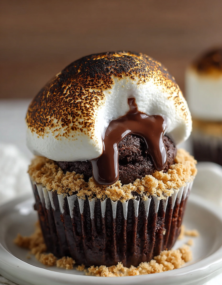 A cupcake with chocolate and marshmallow topping.