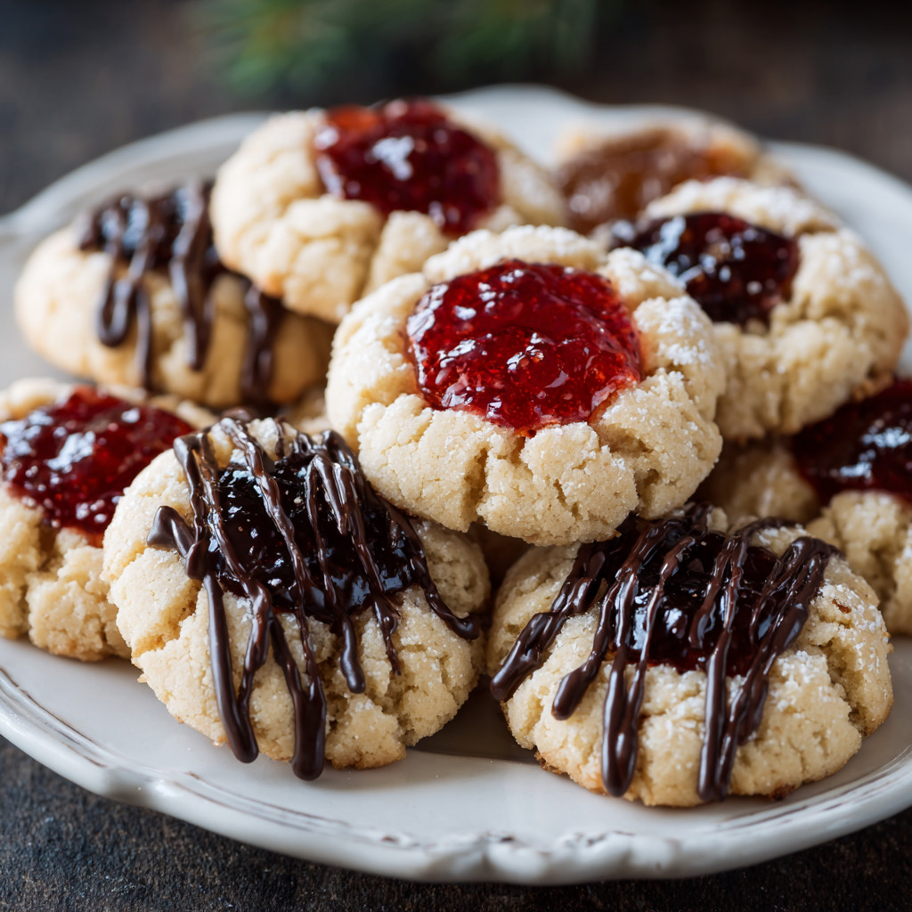 A plate of cookies with chocolate and jam toppings.