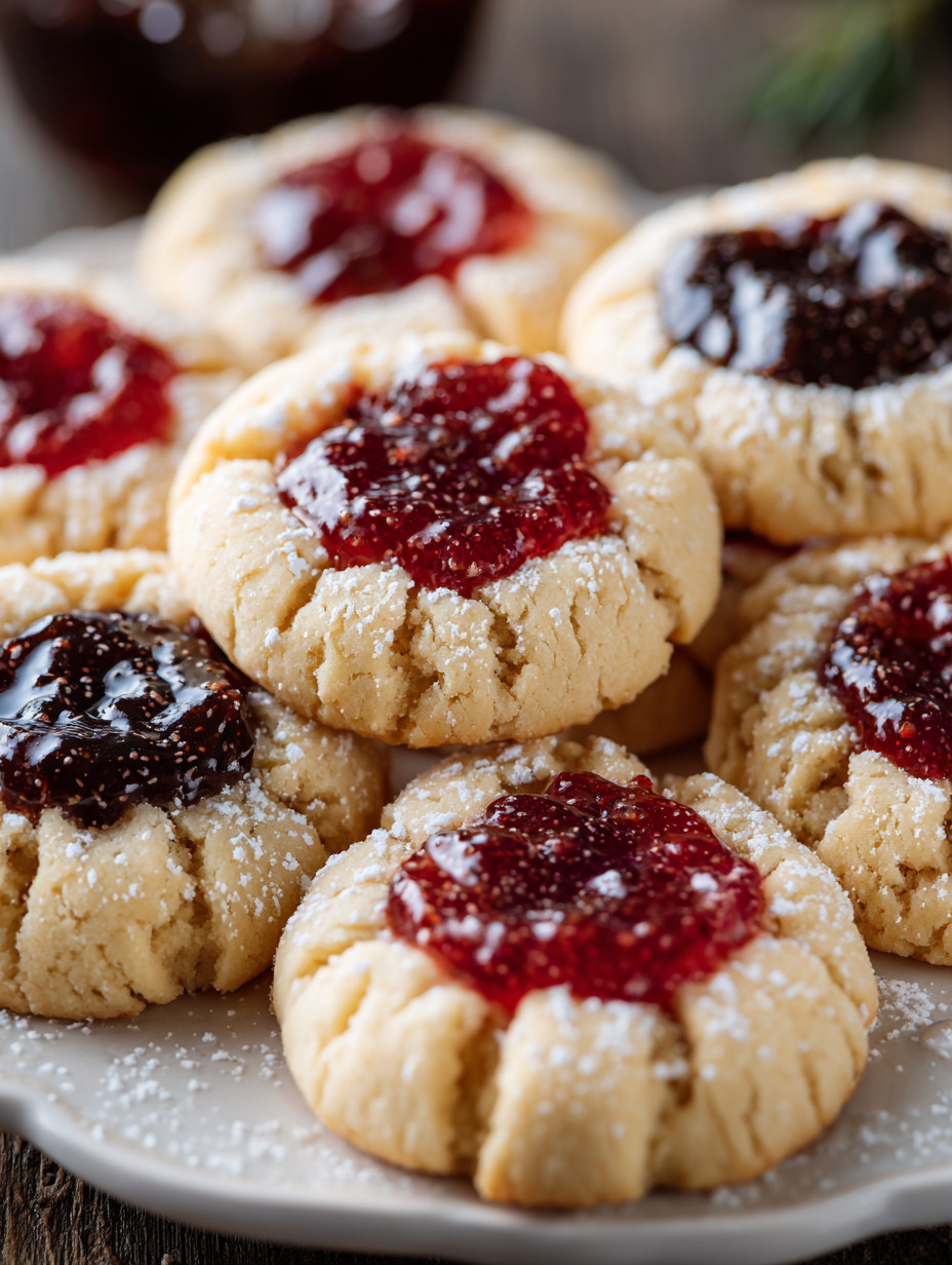 A plate of thumbprint cookies with jelly in the center.