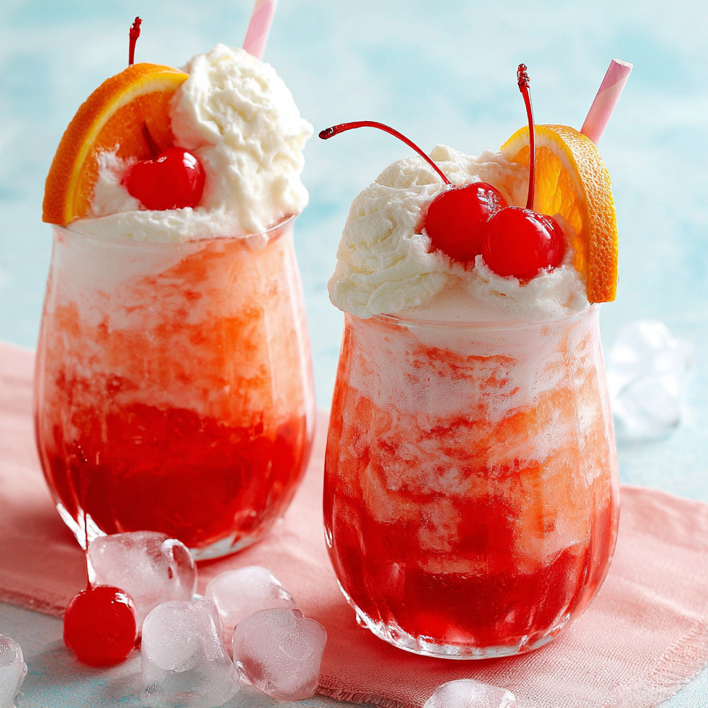 Two glasses of red and white drinks with cherries on top.