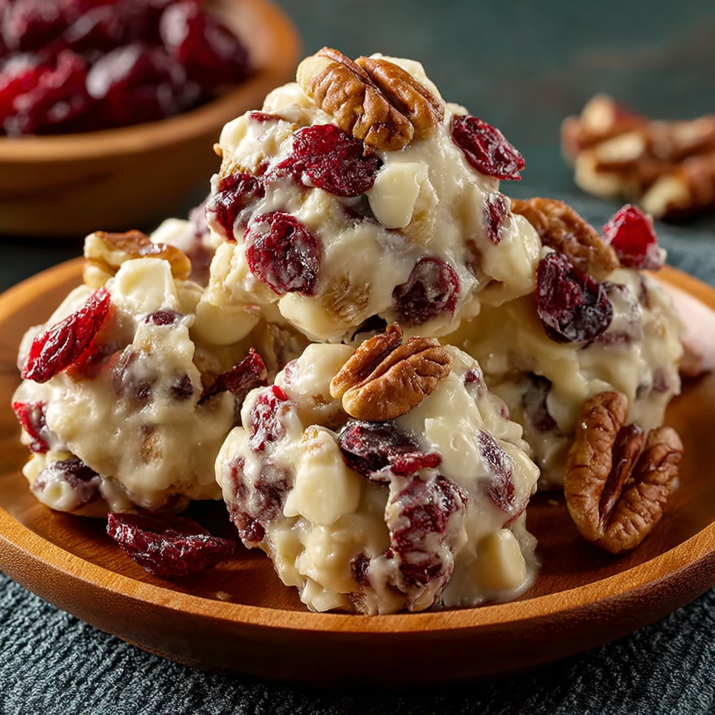 White chocolate cranberry pecan clusters.