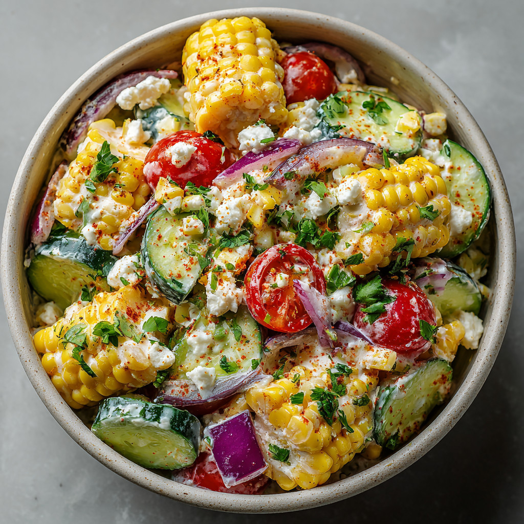 A bowl of food with corn, cucumber, tomato, and cheese.