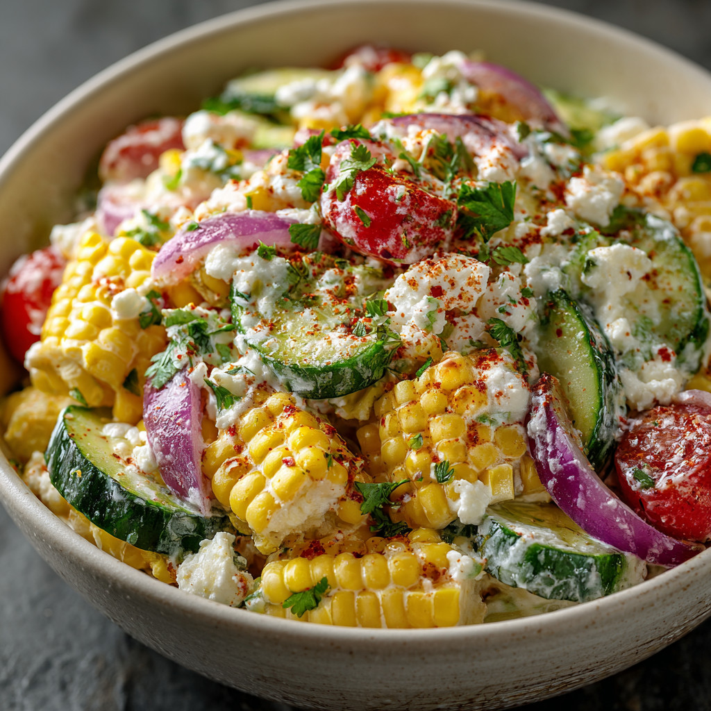 A bowl of street corn creamy cucumber salad.