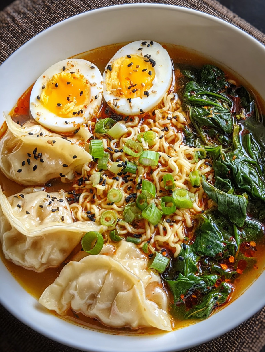 A bowl of noodles with eggs and vegetables.