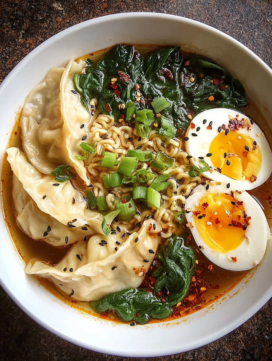 A bowl of dumpling ramen with eggs.