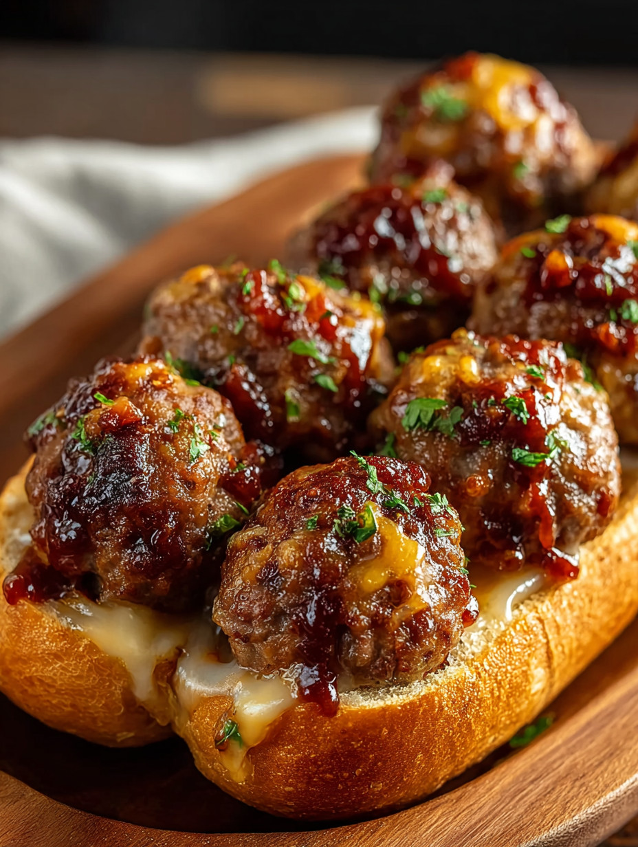 A close up of a meatball sandwich with cheese and bacon.
