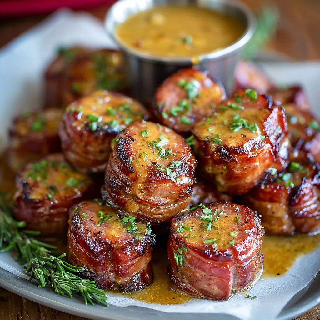 A plate of hasselback beef bites with mustard.