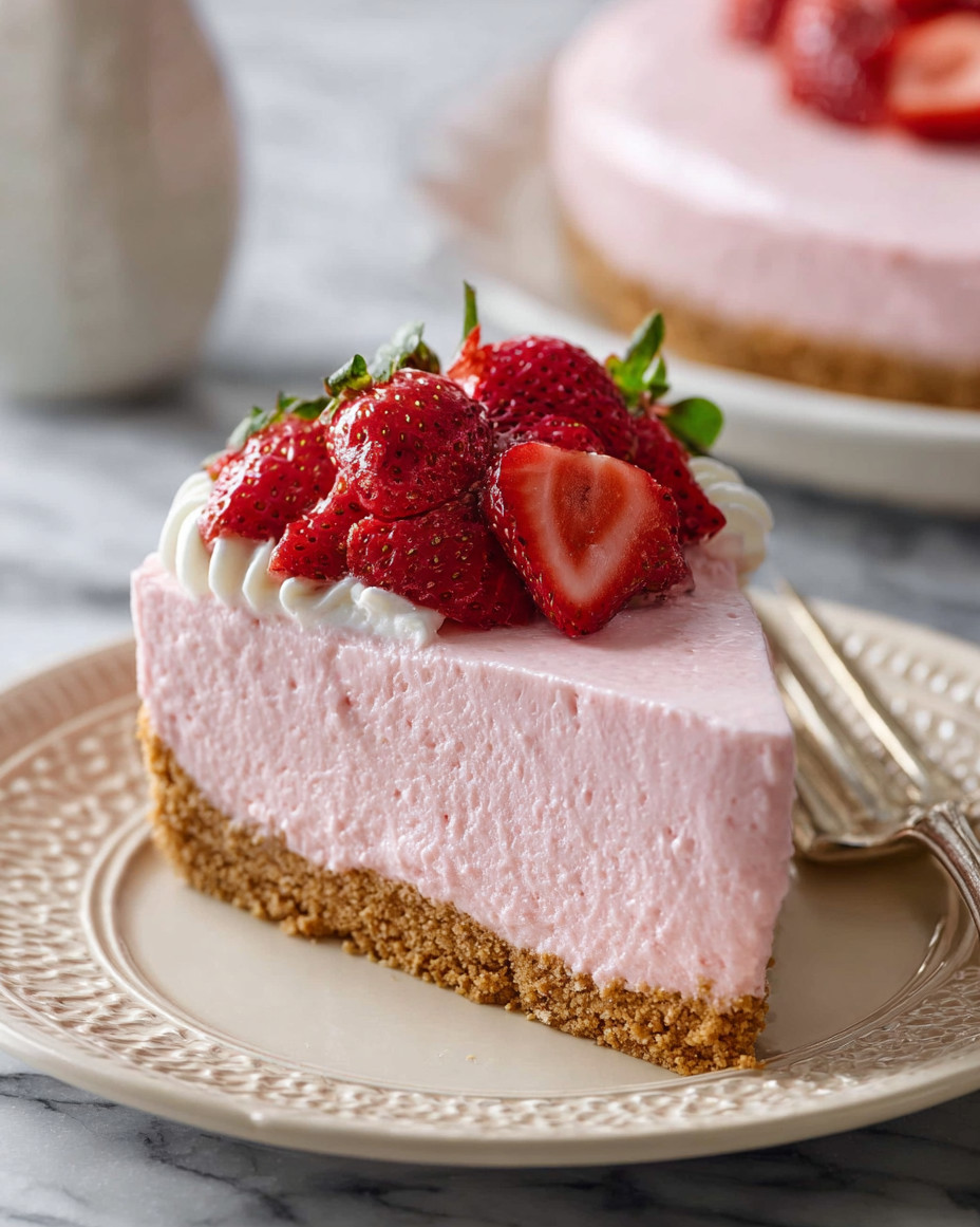 A slice of pink cheesecake with strawberries on top.