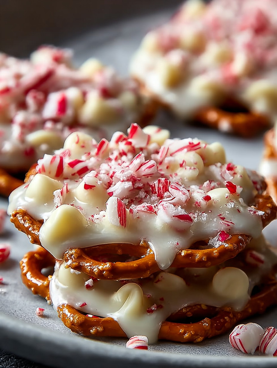 A stack of white chocolate peppermint pretzel crisps.