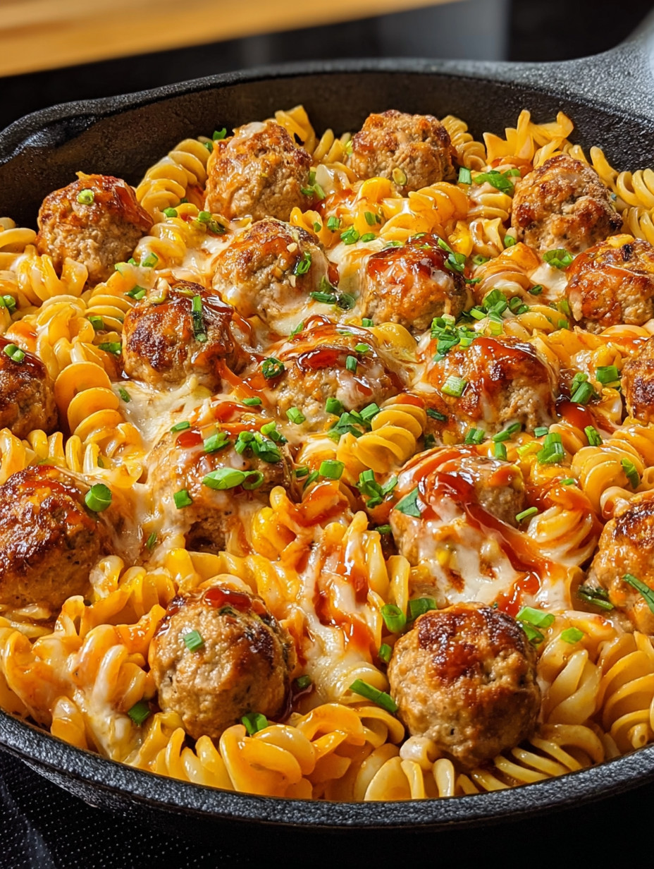 A delicious BBQ Ranch Meatball &amp; Cheddar Pasta Skillet.