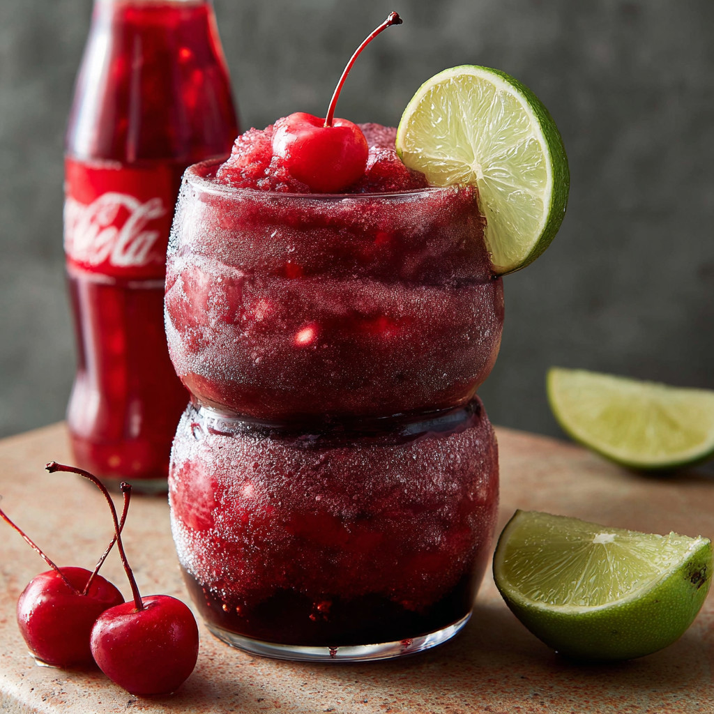 A glass of frozen cherry coke slushies.