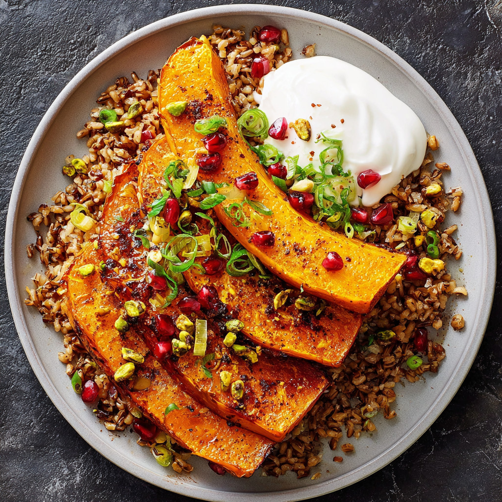 A plate of butternut squash steaks with rice and a dollop of sour cream.