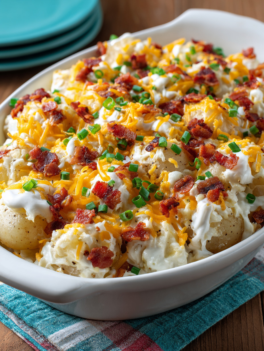 A loaded baked potato casserole in a white bowl.