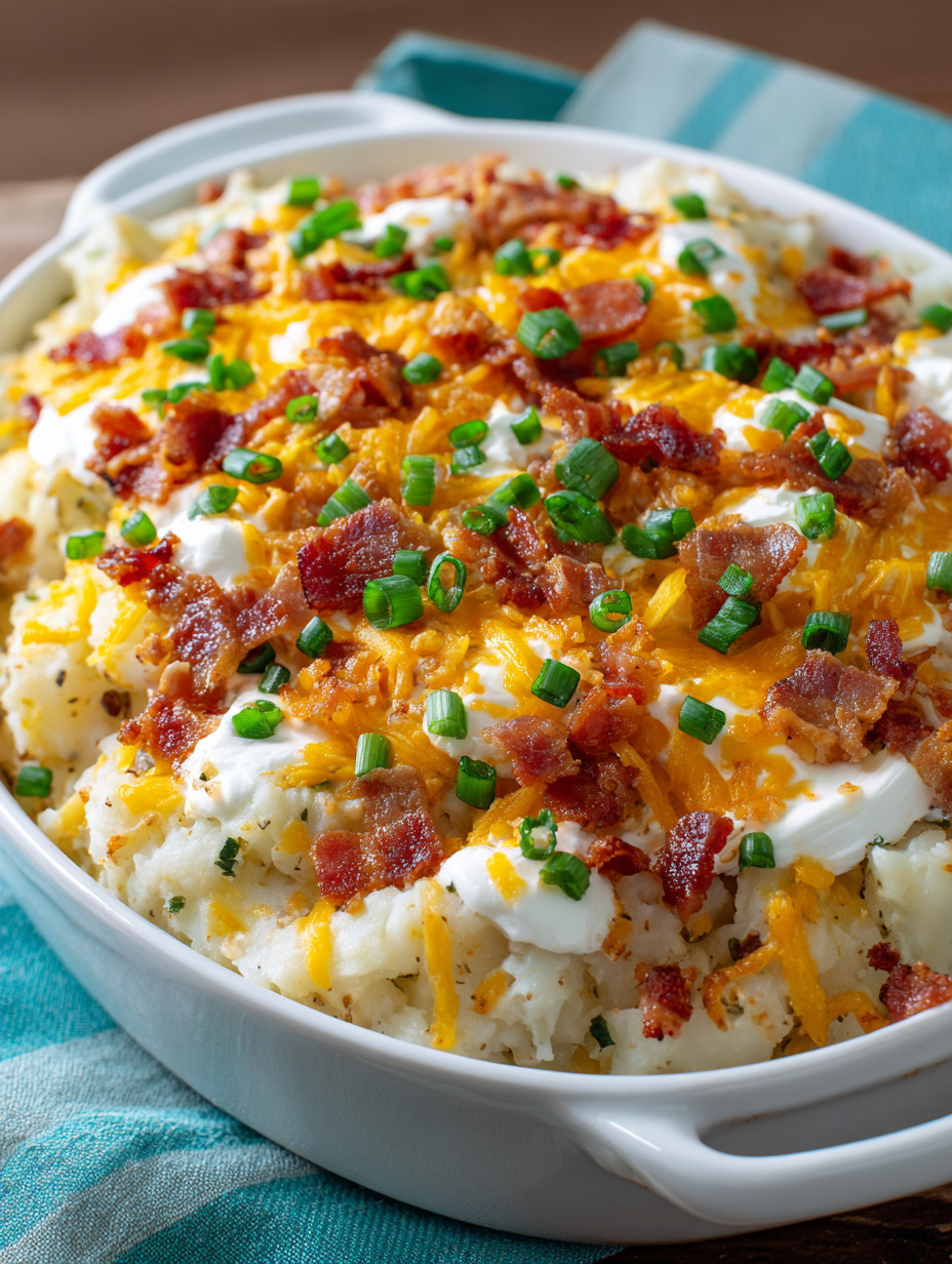 A loaded baked potato casserole in a white bowl.