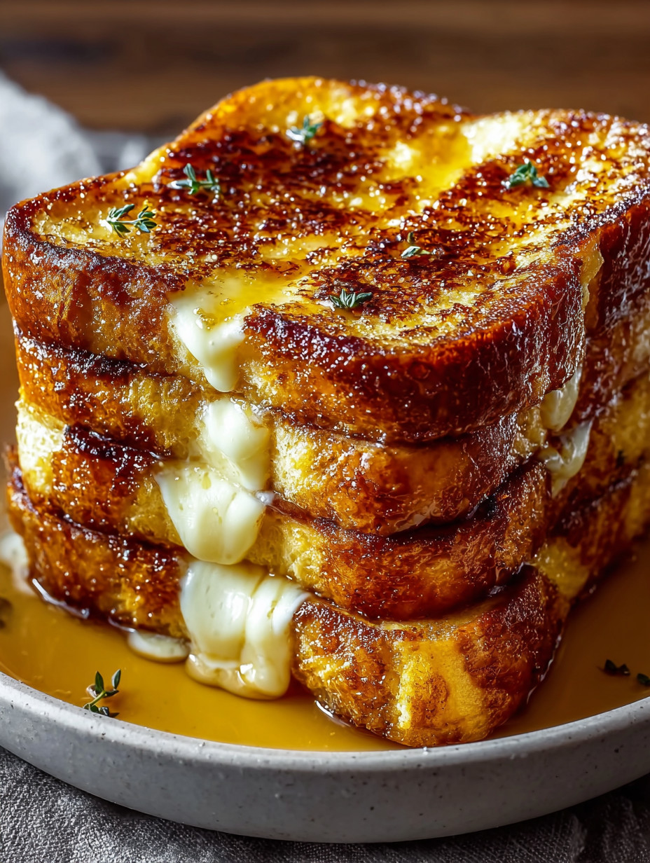 A stack of French toast with a creme brulee topping.