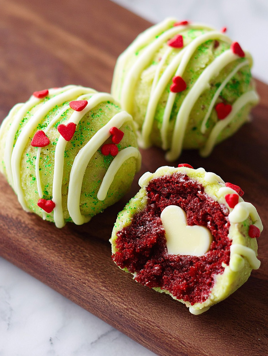 A red cake with white frosting and a heart shaped piece missing.