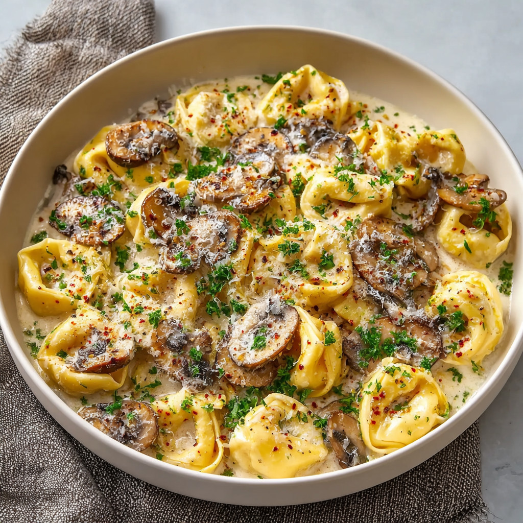 A bowl of creamy mushroom tortellini alfredo.