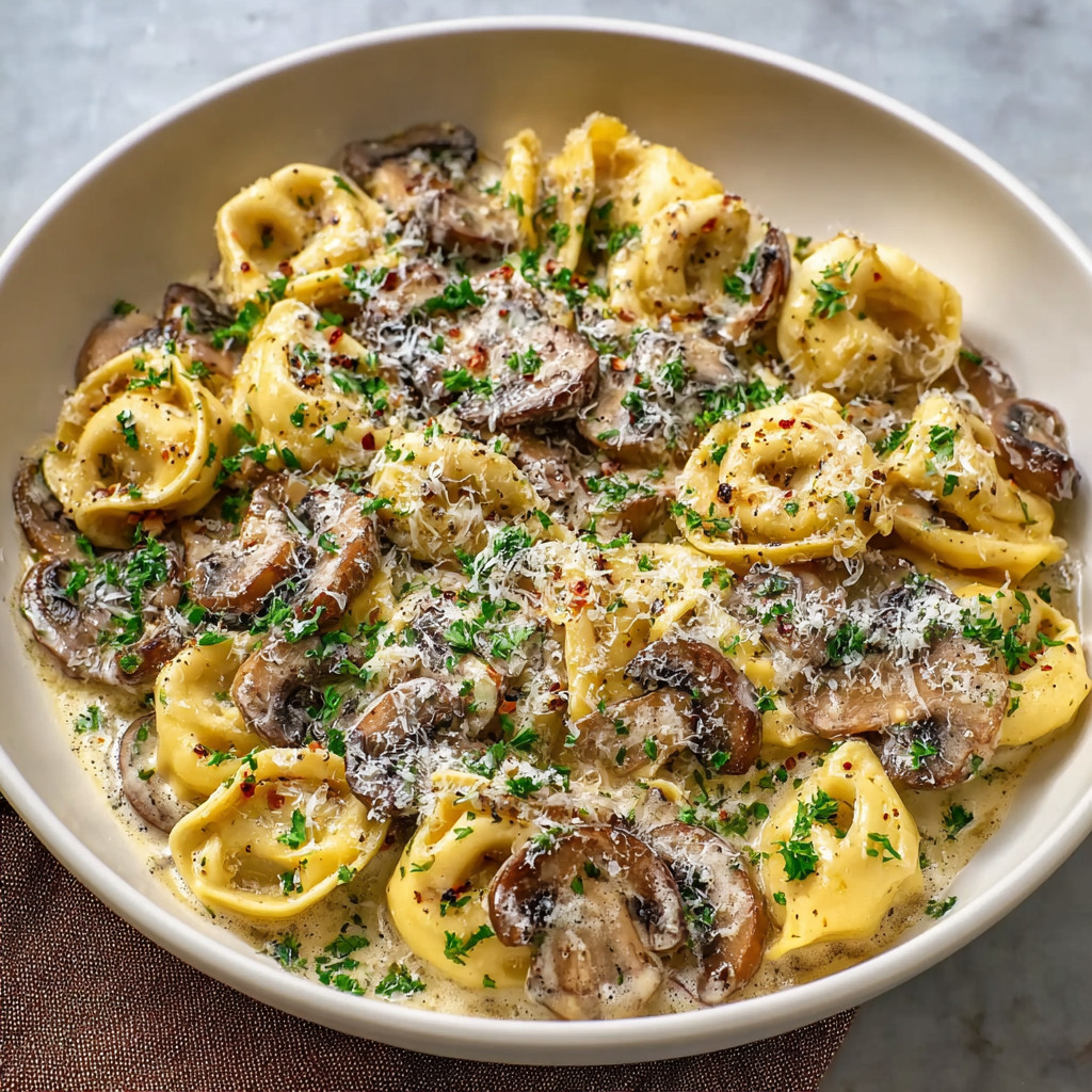 A bowl of creamy mushroom tortellini alfredo.