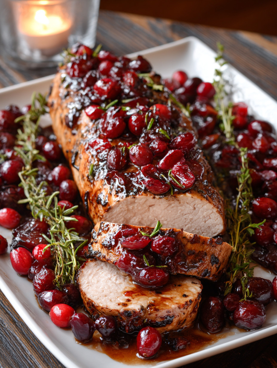 A glazed pork tenderloin with cranberries and herbs.