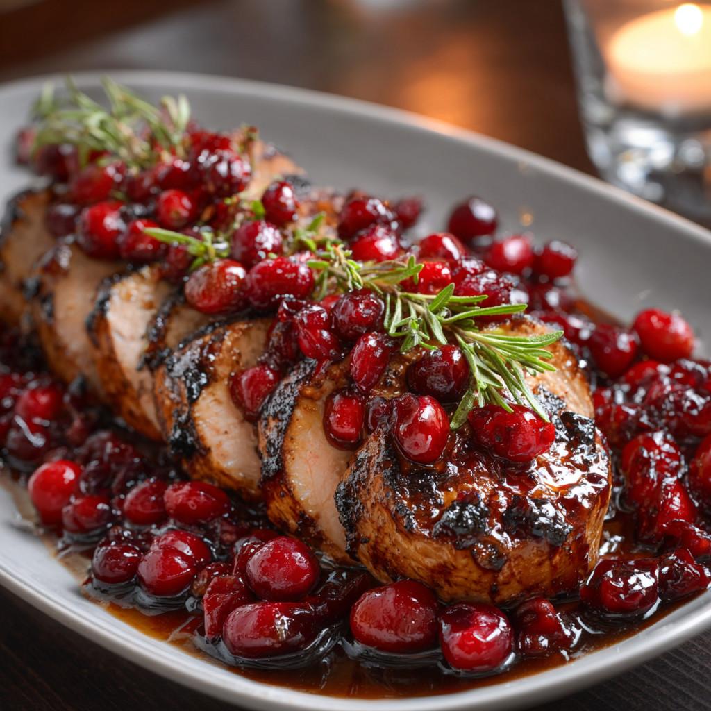 A plate of meat with cranberries on top.