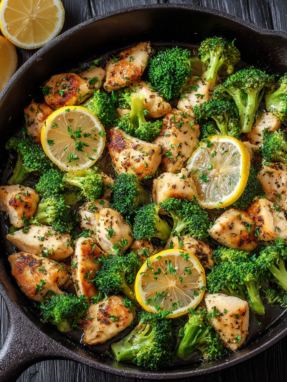 A skillet with chicken, broccoli, and lemon.