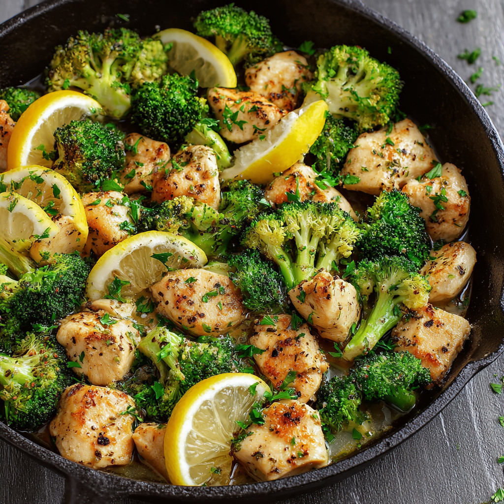 A skillet of chicken and broccoli with lemon and garlic.