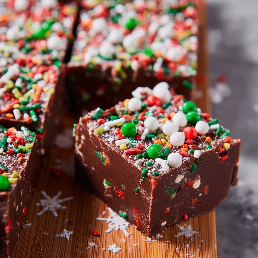 A piece of Christmas fudge with white and red sprinkles.
