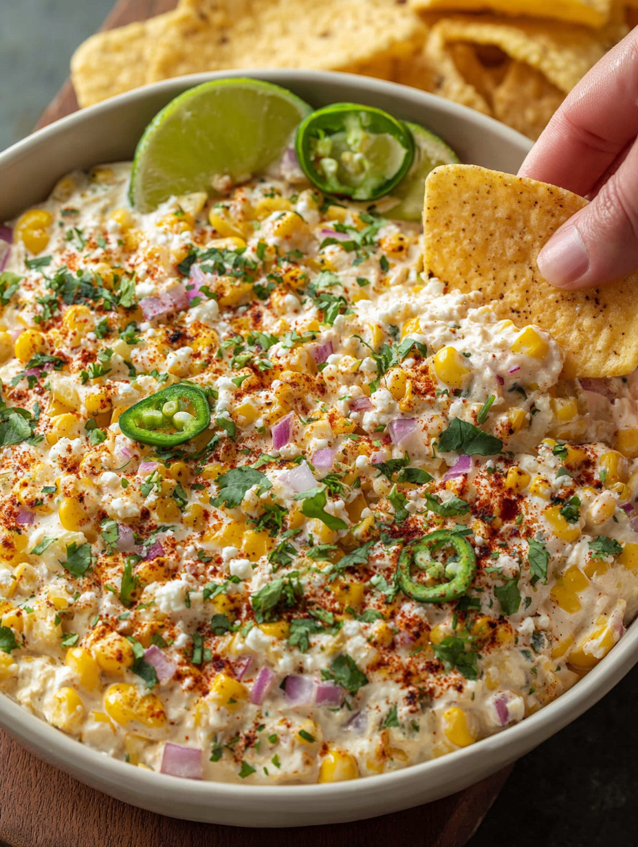 A hand is grabbing a tortilla chip from a bowl of Mexican street corn dip.