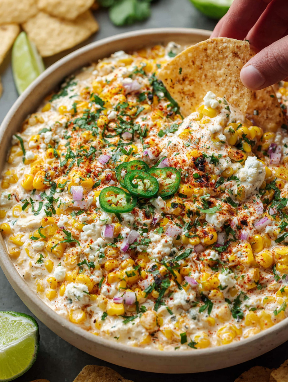 A bowl of Mexican street corn dip with jalapenos and cheese.